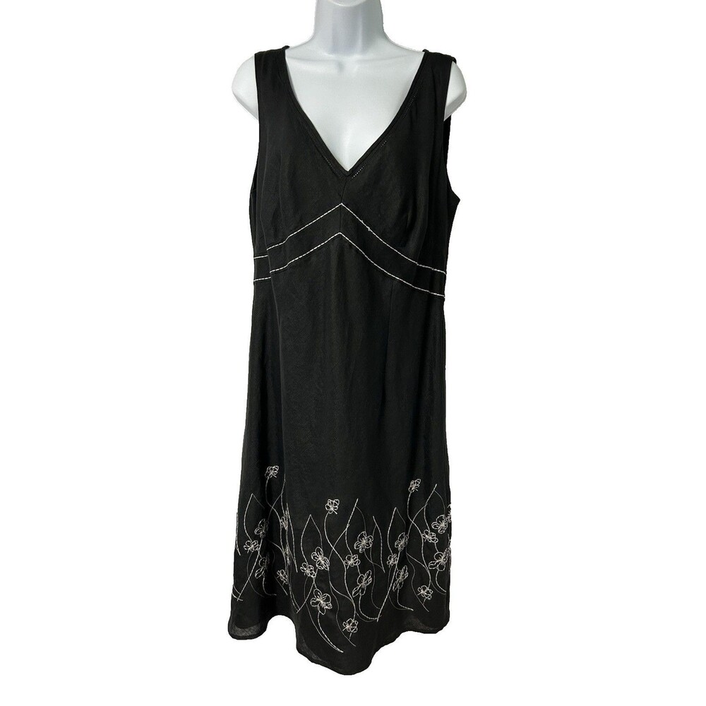 Nikki Valentine Dress Women's 16 Irish Linen Black White Embroidered Sleeveless